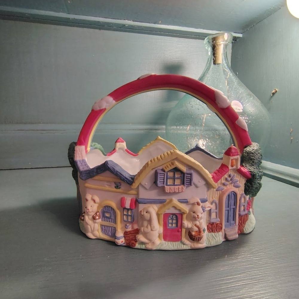 Vintage 1995 Bunny Village Ceramic Easter Basket Rainbow Handle Cottagecore